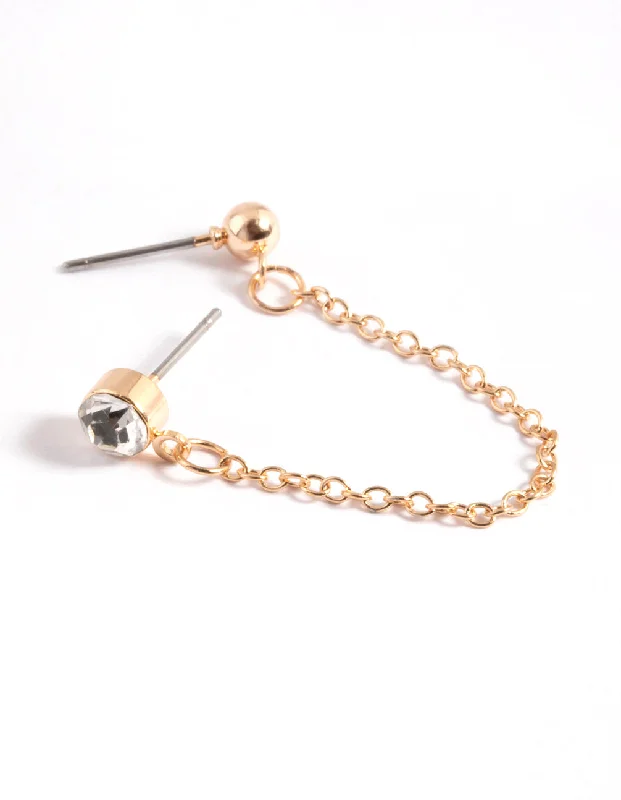 Large Gold Earrings-Gold Double Diamante & Ball Chain Earrings