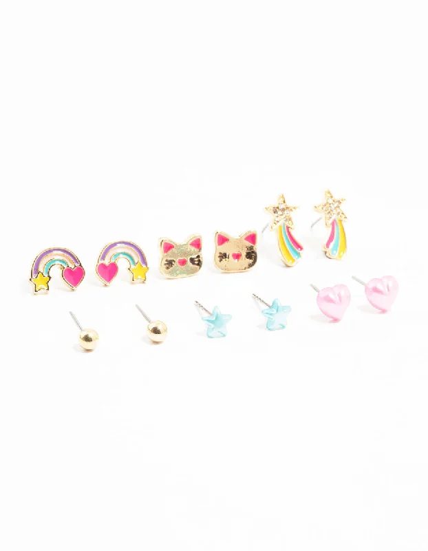 Casual Earrings-Kids Gold Cat Celestial Stud Earrings Pack