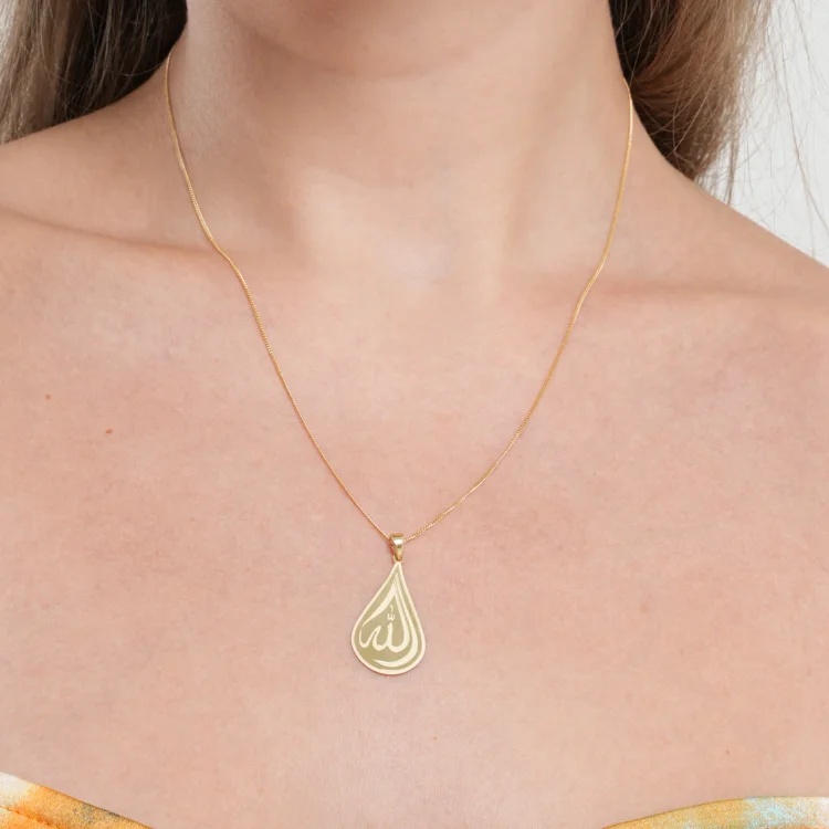 Dainty Crystal Necklace-Real Gold Allah Oval Plain Pendant 2439 With Flat Carpet Chain 1153 Necklace CWP 1907