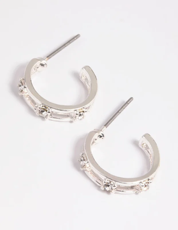 Stud Earrings for Teens-Silver Diamante Huggie Hoop Earrings