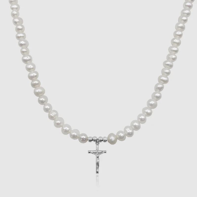 Silver Pendant Necklace-Crucifix Real Pearl Necklace (Silver)