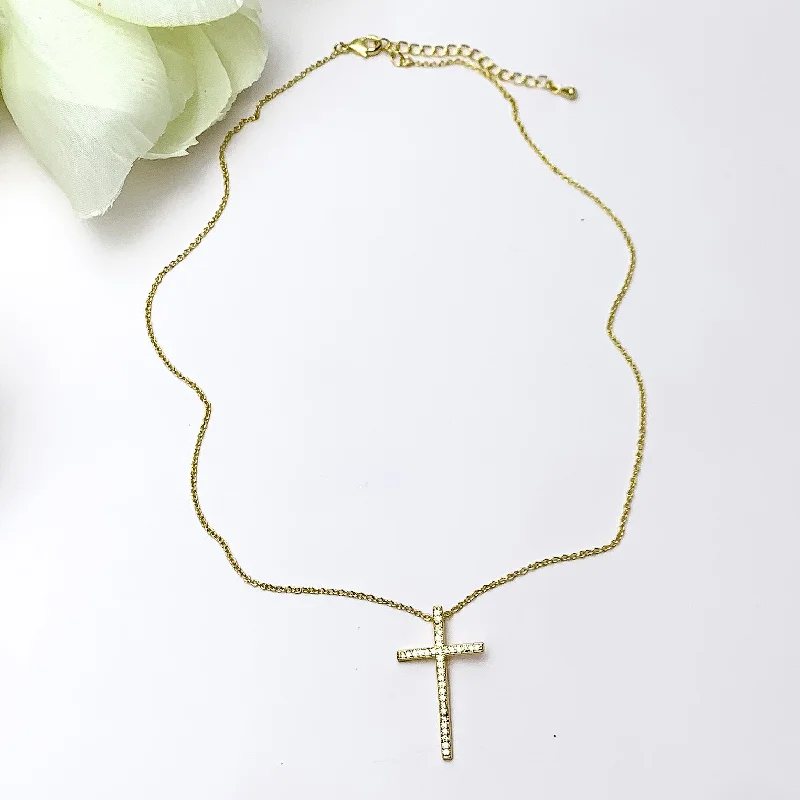 Elegant Double Pendant Necklace-Gold Tone Necklace With Clear Crystal Cross Charm