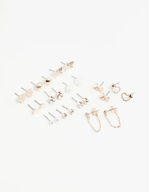 Long Dangle Hoop Earrings-Rose Gold Sweetheart Stud Earring 12-Pack