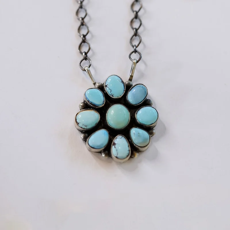 Fashionable Silver Necklace-Timothy Yazzie | Navajo Handmade Sterling Silver Stone Cluster Pendant Necklace in Golden Hills Turquoise