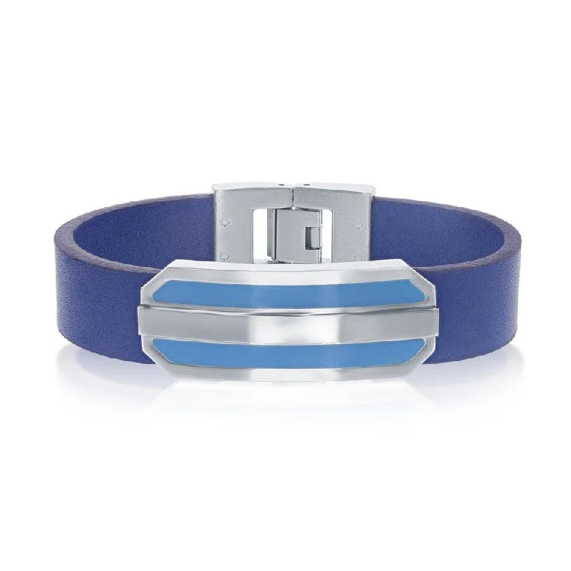 Stylish Chain Bracelet-Stainless Steel Blue Strap with Center Lined Bar Bracelet