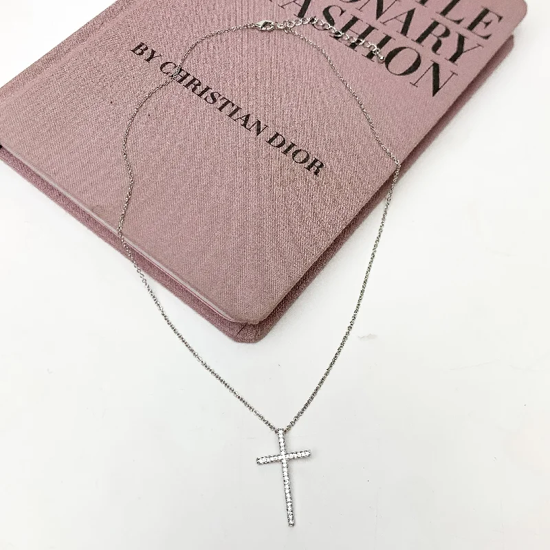 Simple Silver Bar Necklace-Silver Tone Chain Necklace With Clear Crystal Cross