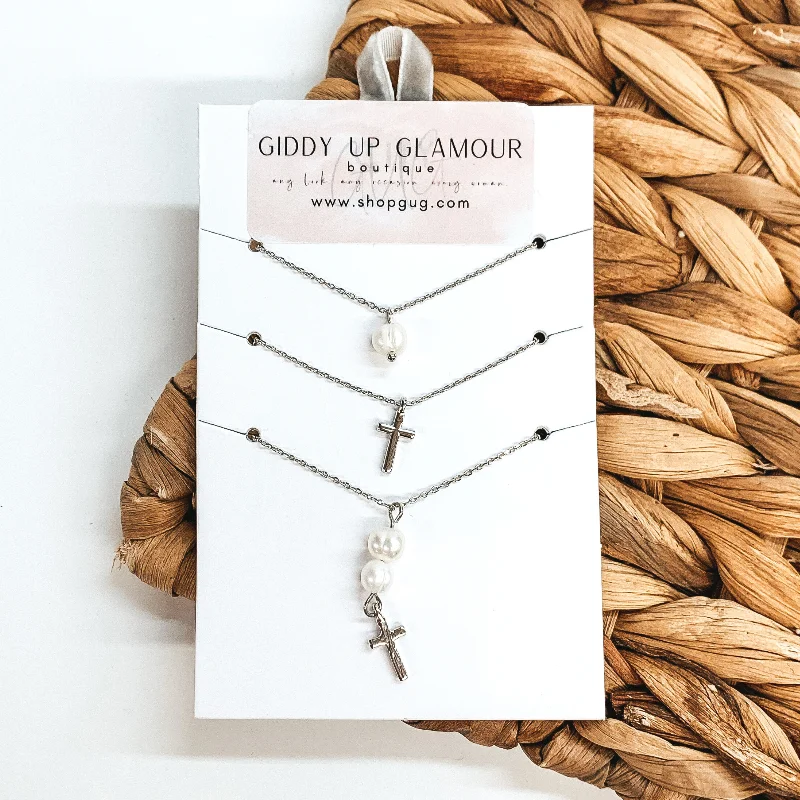 Dainty Gemstone Necklace-Set of Three | Silver Chain Necklace Set with Cross and Pearl Charms