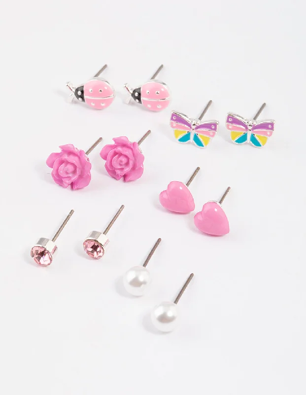 Birthday Gift Earrings-Kids Pink Rose Stud Earrings 6-Pack