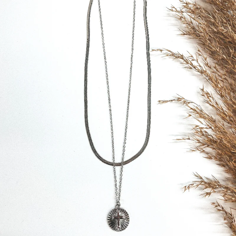 Multi-Strand Silver Necklace-Layered Herringbone Chain Necklace with Circle Sunburst Cross Pendant in Silver Tone