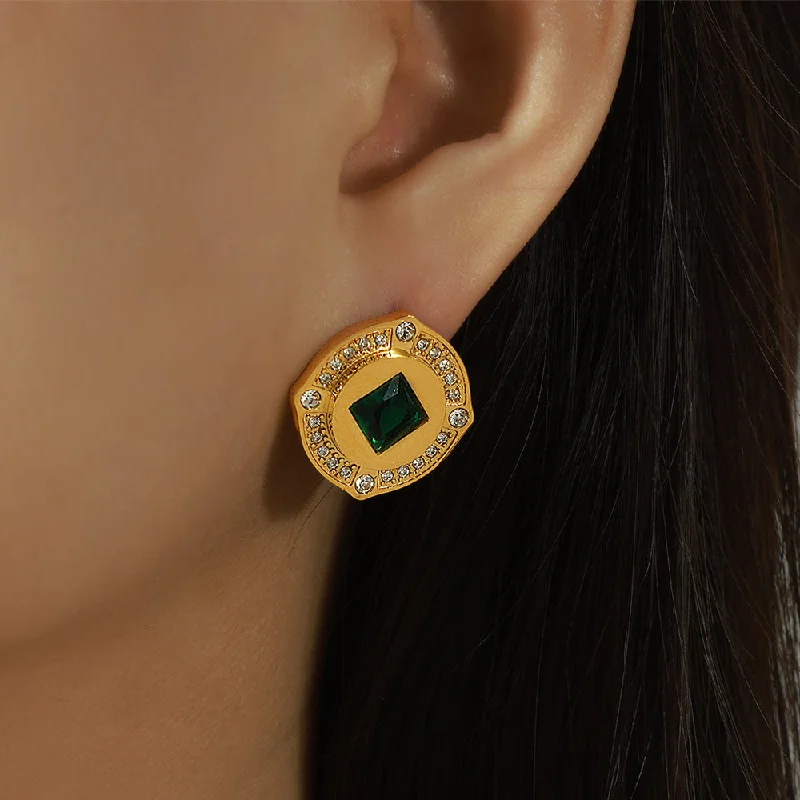 Gold Inlaid Green Zircon Side Earrings