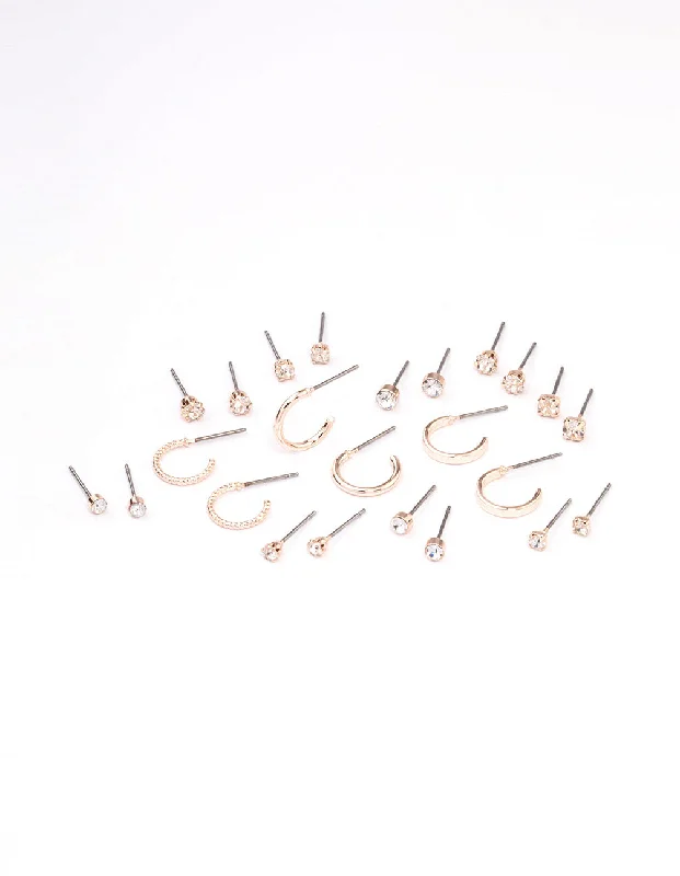 Classic Silver Earrings-Rose Gold Diamante Stud & Hoop Earring 12-Pack