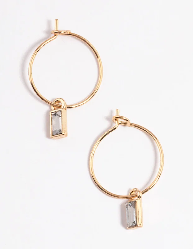 Fashion Hoop Earrings-Gold Baguette Drop Hoop Earrings