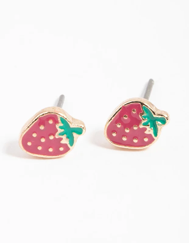 Dainty Gold Earrings-Gold Enamel Strawberry Stud Earrings