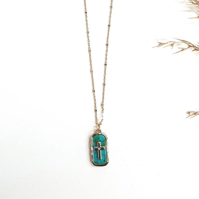 Gold Circle Pendant Necklace-Sunday Soul Gold Tone Chain Necklace with Gold Tone Cross and Semi-Precious Rectangular Stone Pendant in Turquoise