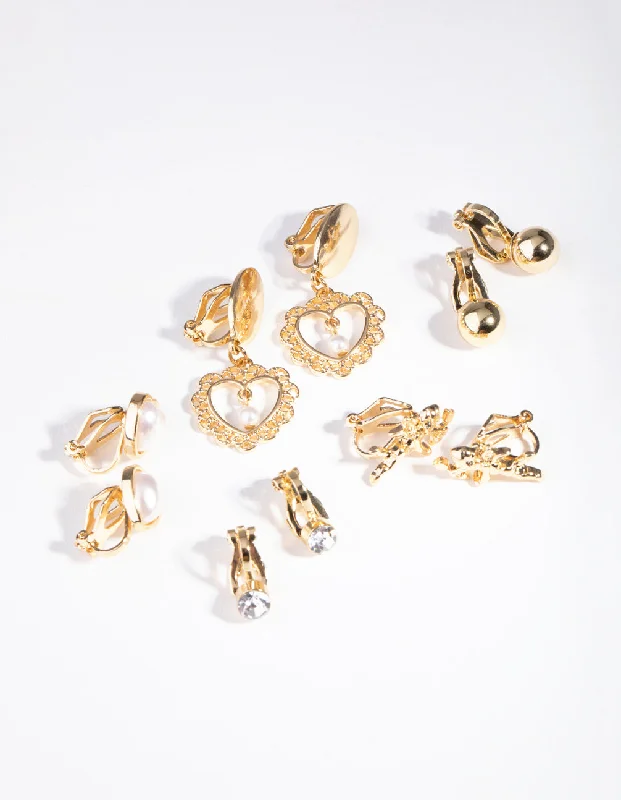 Geometric Shape Earrings-Gold Faux Pearl Heart Clip On 5-Pack Earring