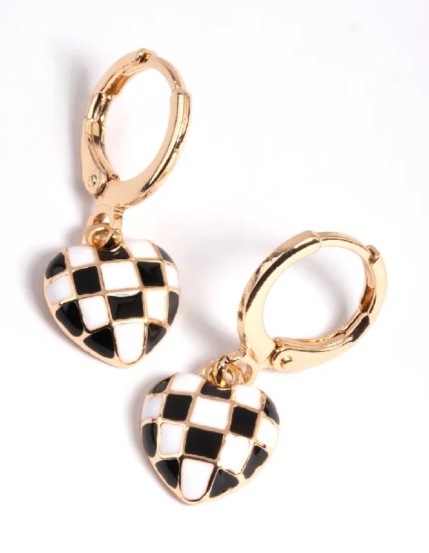 Double Drop Earrings-Gold Black & White Checkered Heart Huggie Earrings