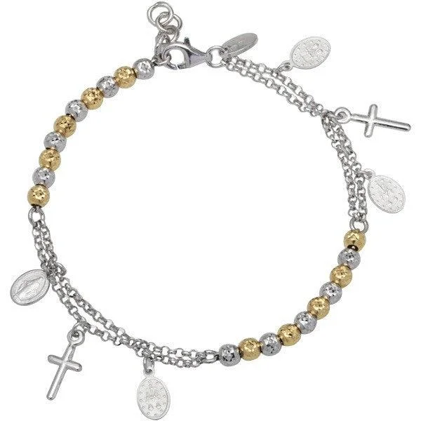 Luxury Tennis Bracelet-Sterling Silver Two Tone Beads with Cross and Medal Charm Bracelet