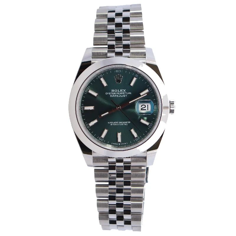 Women's Custom Leather Watch-Rolex Datejust 41mm Green Dial Watch Ref# 126300