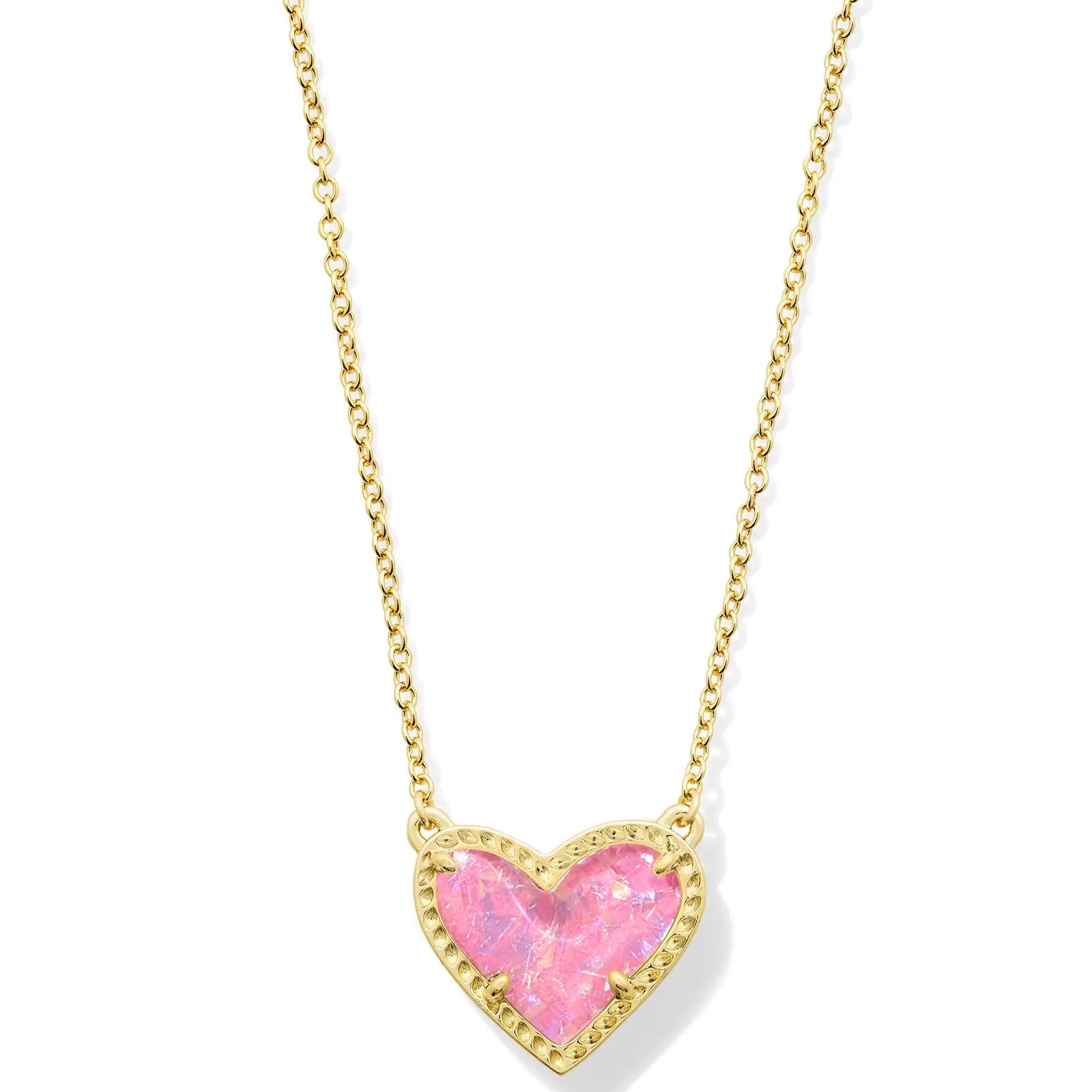 Luxury Silver Pendant Necklace-Kendra Scott | Ari Heart Gold Pendant Necklace in Pink Iridescent Glitter Glass