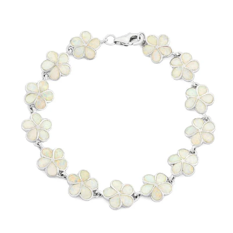 Adjustable Bar Bracelet-Sterling Silver White Inlay Opal Flower Link Bracelet, 7"