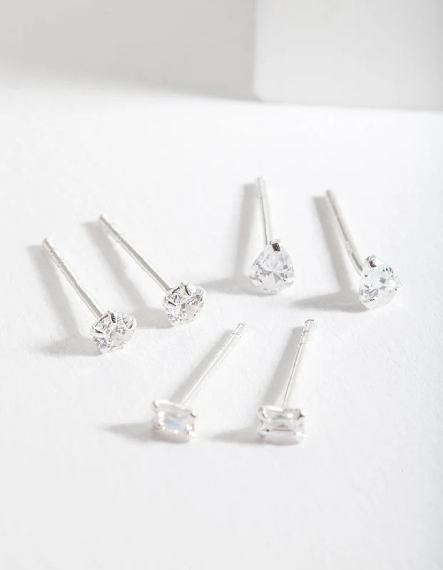 Unique Gemstone Earrings-Sterling Silver Mini Cubic Zirconia Stud Earring Pack