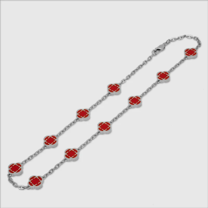 Handmade Silver Necklace-Red Clover Stone Necklace (Silver)