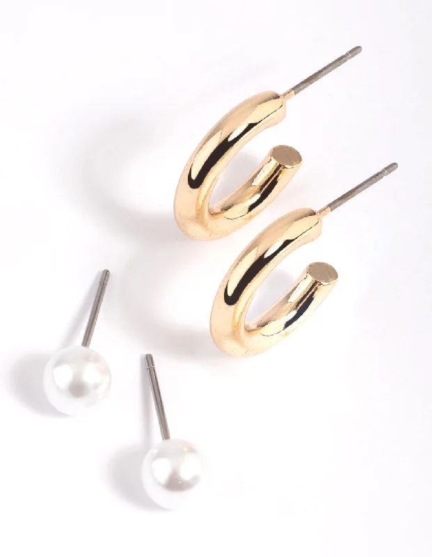 Natural Stone Earrings-Gold Pearl & Plain Hoop Earring Pack