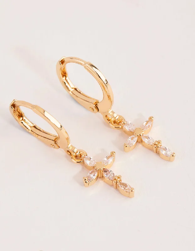 Vintage Style Earrings-Gold Diamante Cross Huggie Earrings