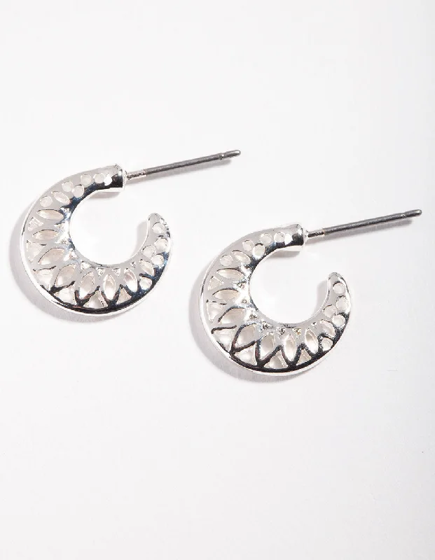 Clear Crystal Earrings-Silver Side Cut Out Micro Hoop Earrings