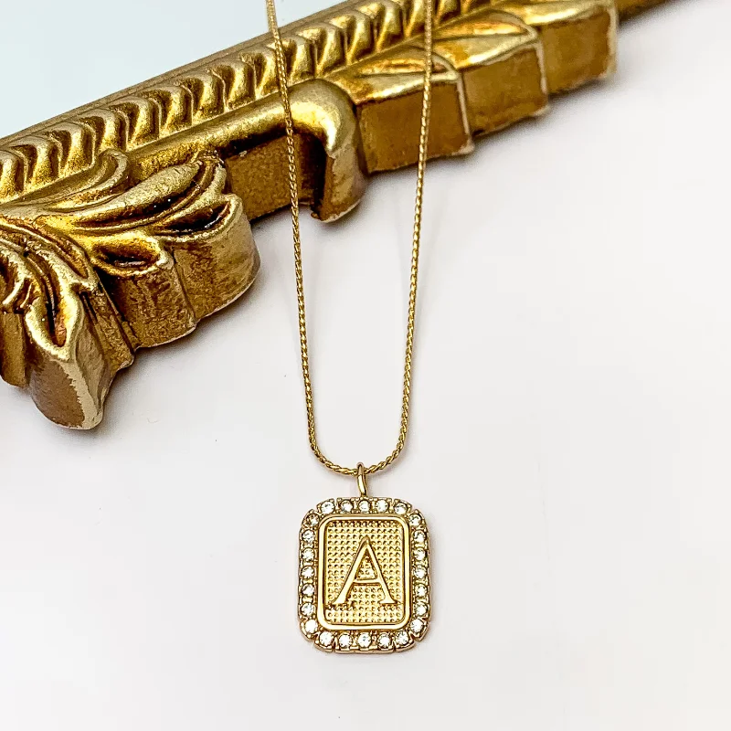 Romantic Pendant Necklace-Gold Tone Chain Necklace with Rectangle Initial Pendant Outlined in Clear Crystals