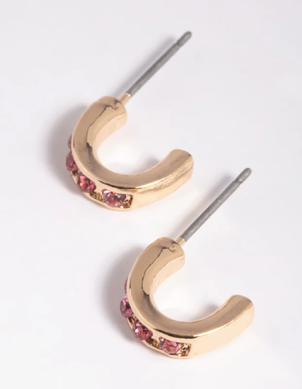 Unique Gemstone Earrings-Pink Stone Huggie Hoop Earrings