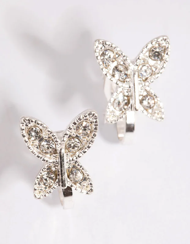 Cute Heart Earrings-Silver Diamante Butterfly Clip On Earrings