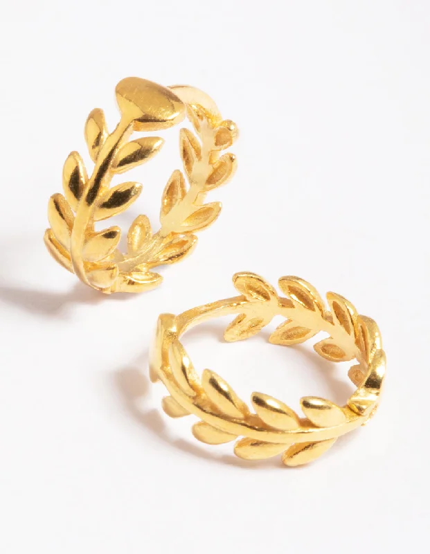 Bold Gold Earrings-Gold Plated Sterling Silver leaf Detailed Huggie Earrings