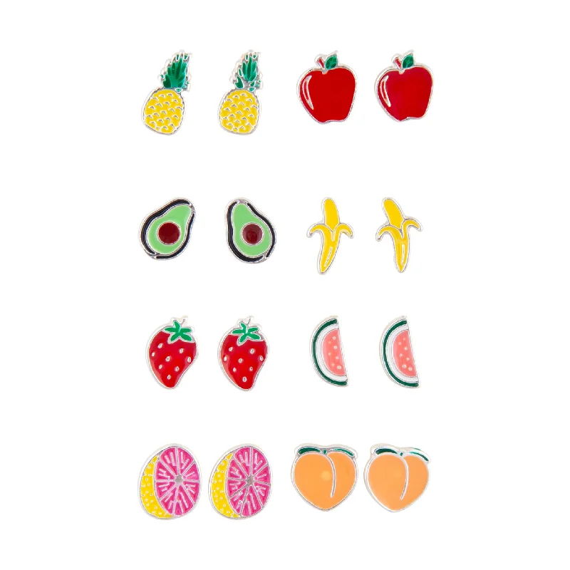 Silver Chain Earrings-Mixed Fruits Enamel Stud Earring 8-Pack