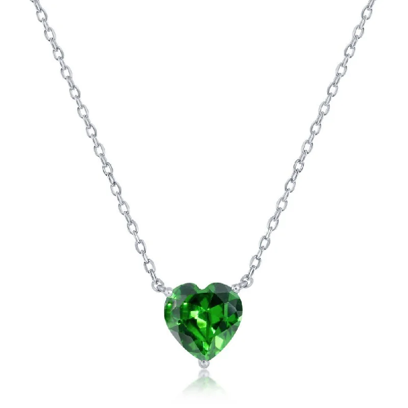 Silver Rope Chain Necklace-SS 8MM Green CZ Heart Necklace