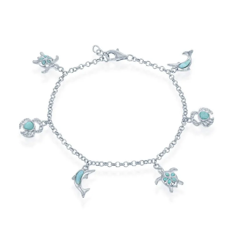 Personalized Pearl Bracelet-Sterling Silver Larimar Turtle, Crab and Dolphin Charms Bracelet