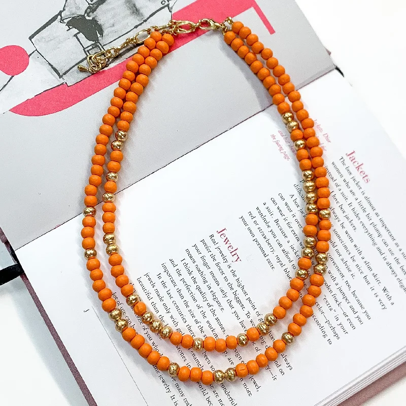 Stylish Layered Necklace-Making Joy Small Beaded Two Strand Necklace with Gold Tone Spacers in Orange