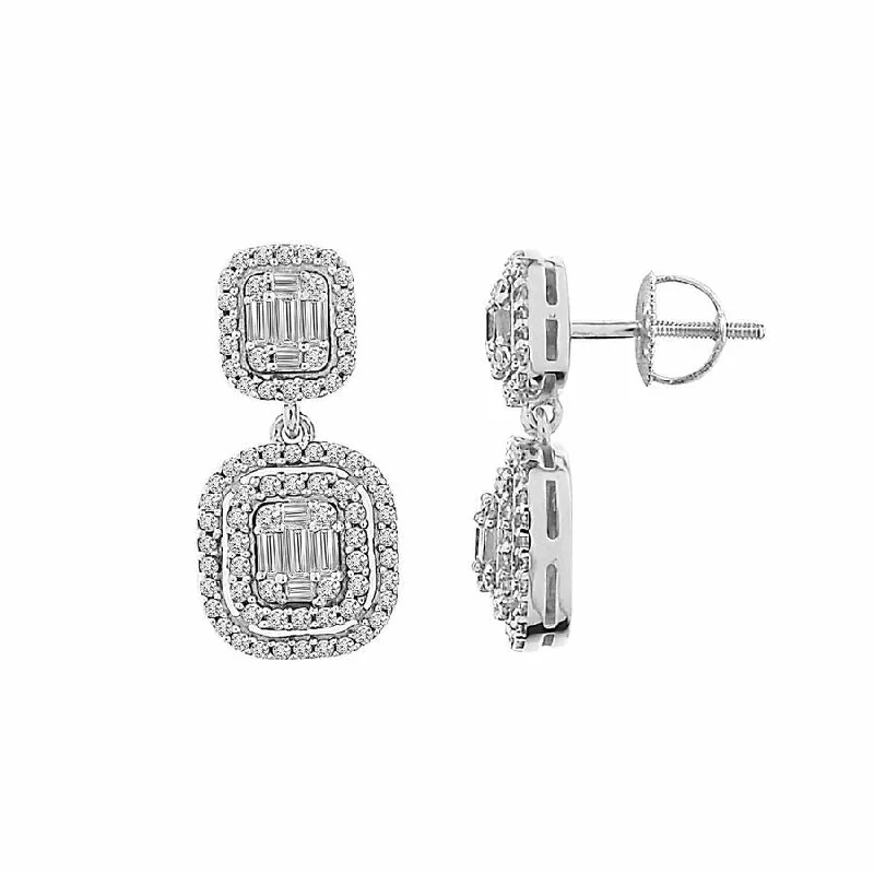 Shiny Drop Earrings-LADIES EARRINGS 1.00CT ROUND/BAGUETTE DIAMOND 14K WHITE GOLD