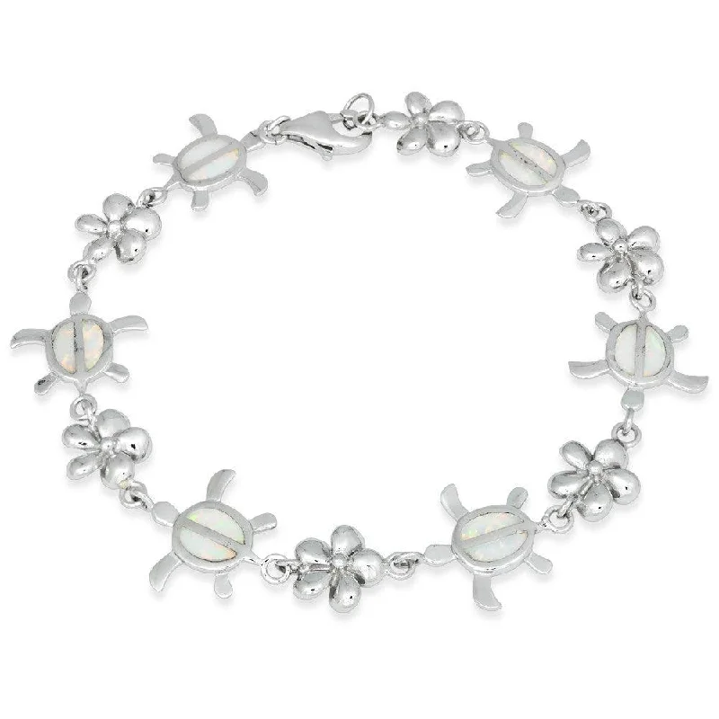 Gemstone Chain Cuff Bracelet-Sterling Silver White Opal Flower and Tortoise Link Bracelet