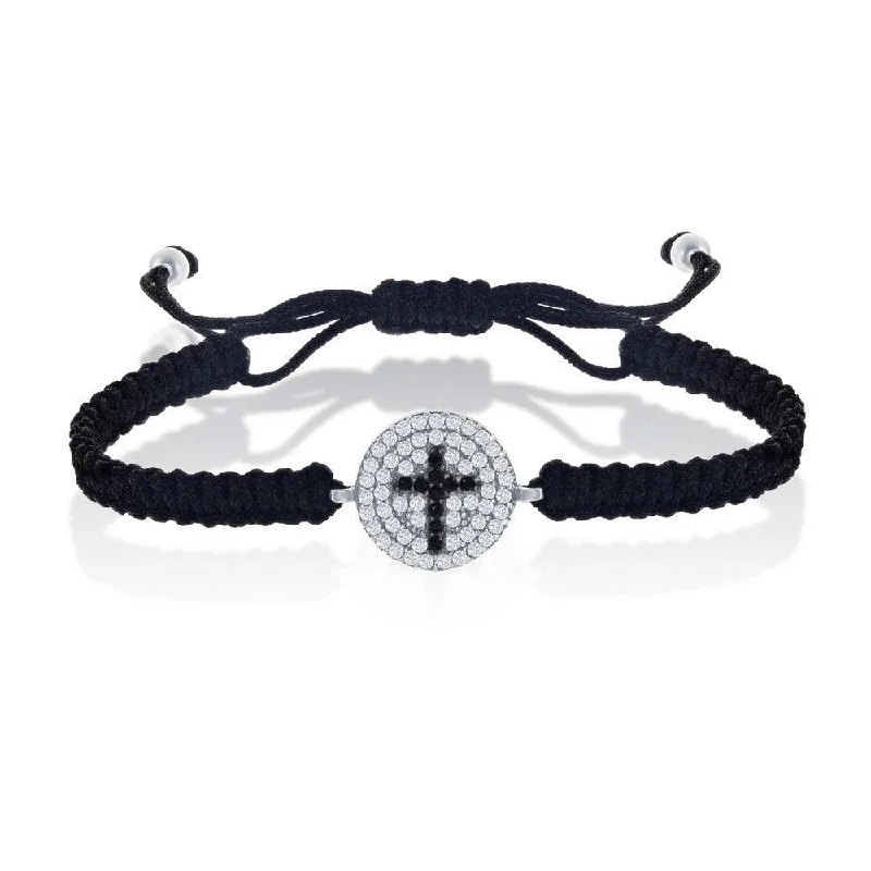 Leather Wrap Bracelet-Sterling Silver Black CZ Cross on Black Macrame Bracelet