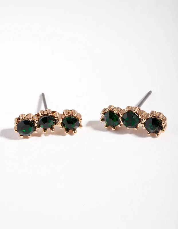 Gold-Plated Earrings-Gold Triple Green Stone Stud Earrings