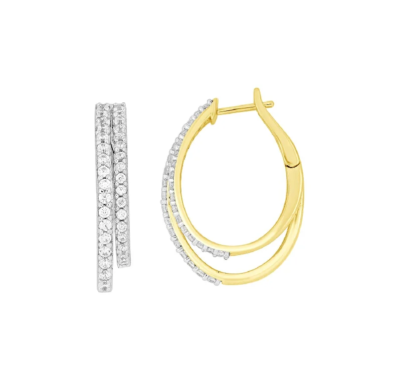 Bohemian Earrings-LADIES HOOPS EARRINGS 1.00CT ROUND DIAMOND 10K YELLOW GOLD