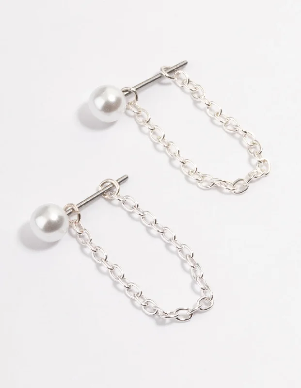 Diamond Drop Earrings-Silver Pearl Chain Front & Back Earrings