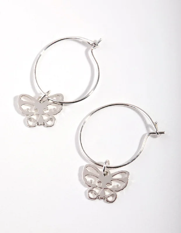 Oval Hoop Earrings-Silver Cutout Butterfly Huggie Earrings