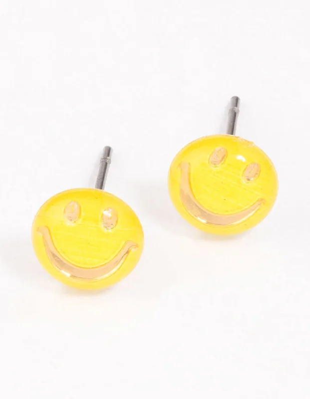 Elegant Hoops with Diamonds-Yellow Happy Face Stud Earrings