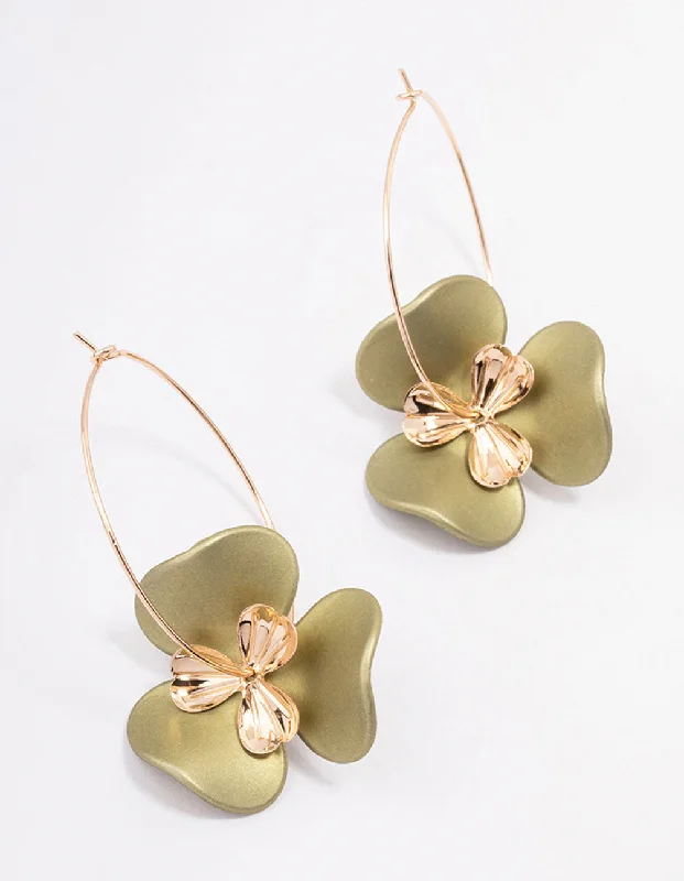 Elegant Gemstone Earrings-Gold Large Flower Wire Hoop Earrings