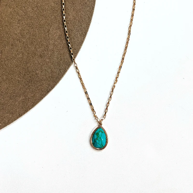 Layered Gold Chain Necklace-Highlight The Good Gold Tone Chain Necklace with Teardrop Pendant in Turquoise