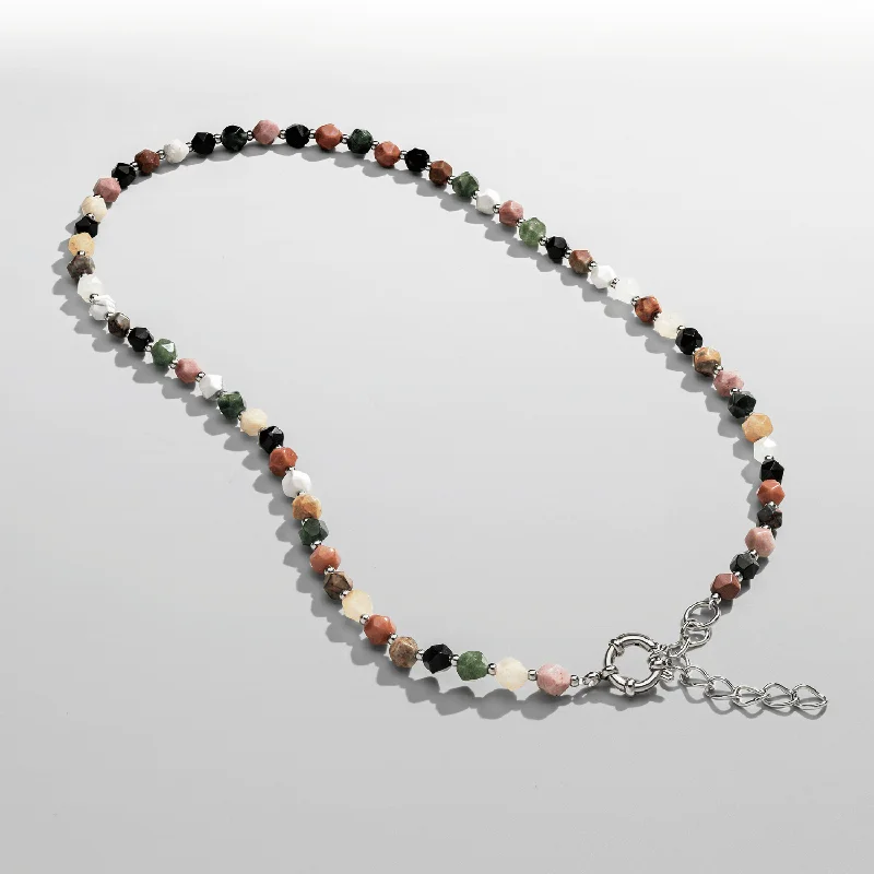 Long Beaded Necklace-Stone Beaded Necklace (Silver)