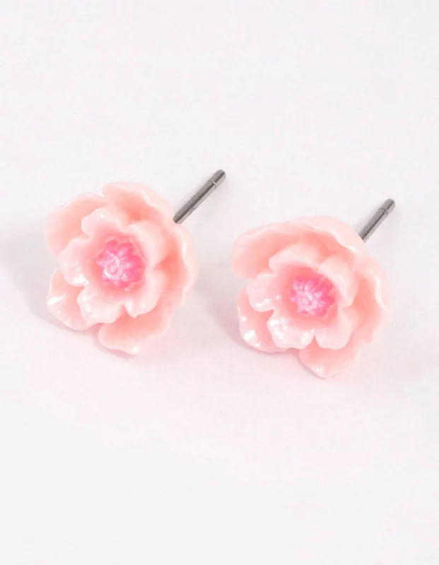 Custom Pearl Earrings-Pink Pearlised Flower Stud Earrings