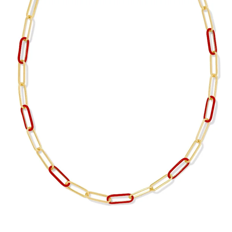 Dainty Gold Necklace-Kendra Scott | Ainsley Gold Convertible Chain Necklace in Red Enamel